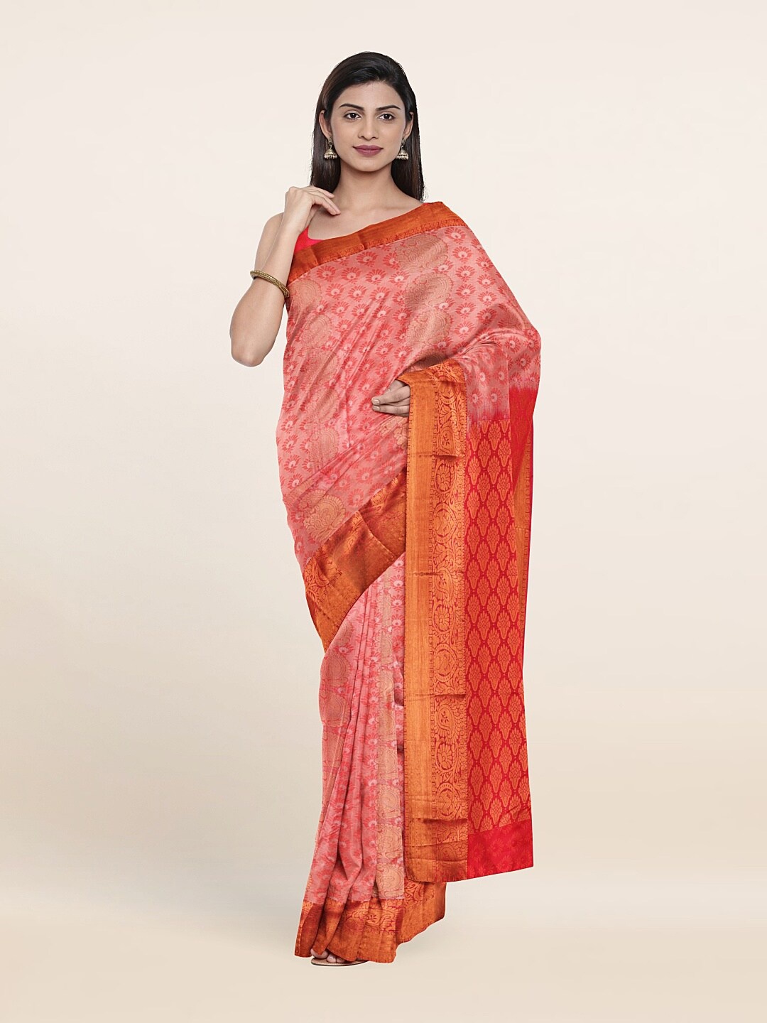 

Pothys Peach-Coloured & Red Woven Design Zari Pure Silk Saree