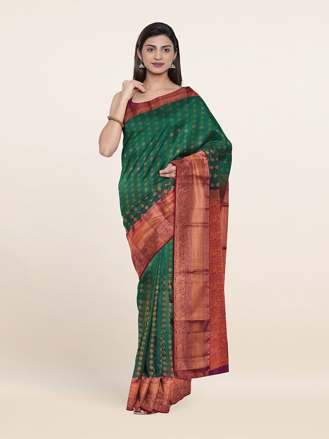 

Pothys Green & Gold-Toned Woven Design Zari Pure Silk Saree
