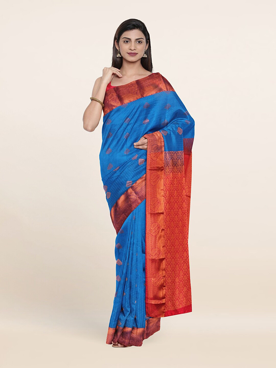 

Pothys Blue & Red Woven Design Zari Pure Silk Saree