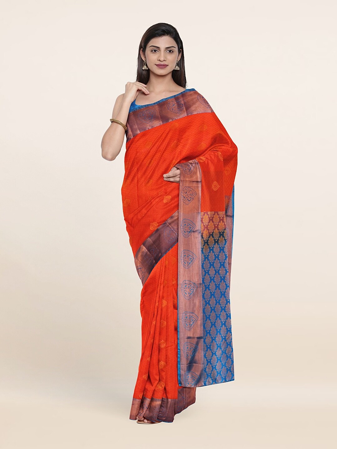 

Pothys Orange & Blue Woven Design Zari Pure Silk Saree