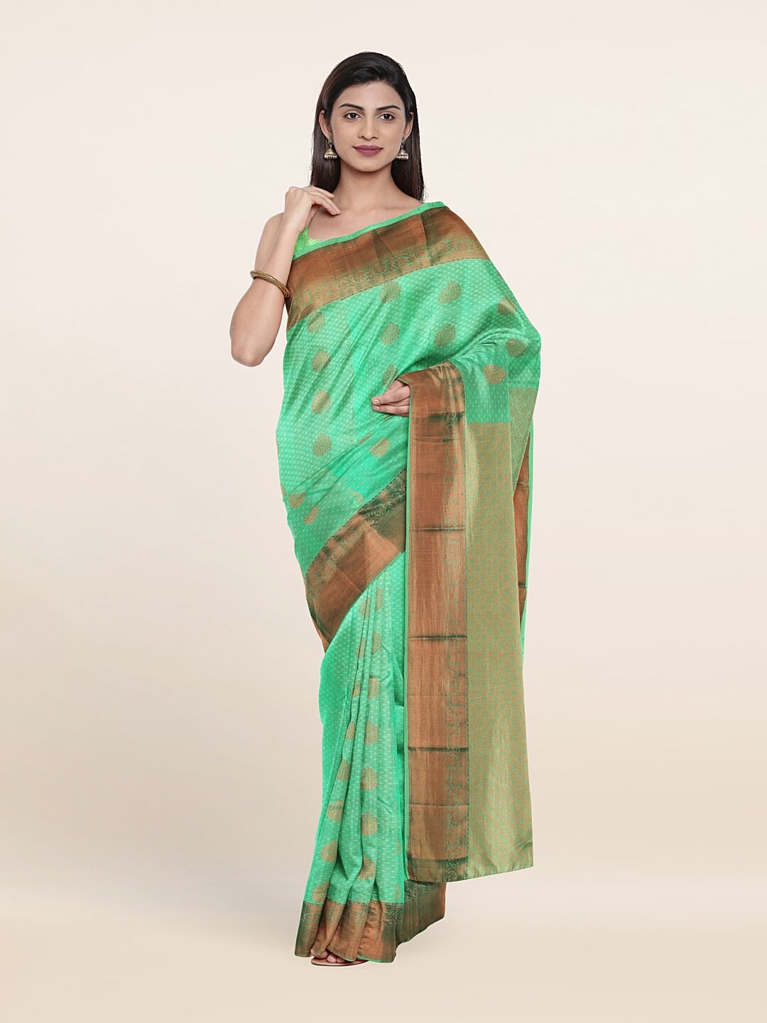 

Pothys Green & Gold-Toned Woven Design Zari Pure Silk Saree
