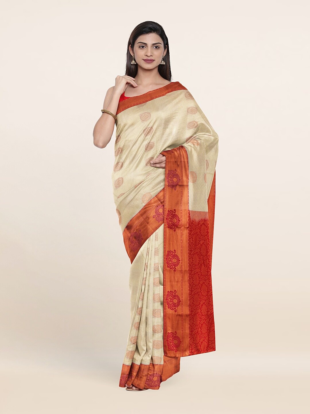 

Pothys Cream-Coloured & Red Ethnic Motifs Zari Pure Silk Saree