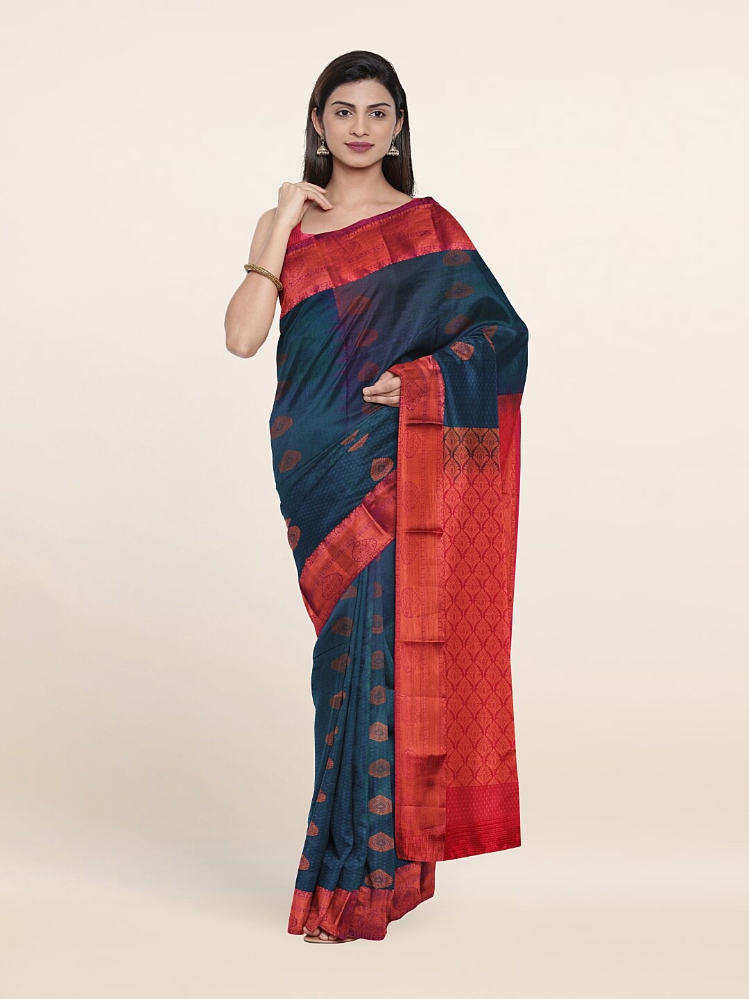 

Pothys Teal & Red Ethnic Motifs Zari Pure Silk Saree