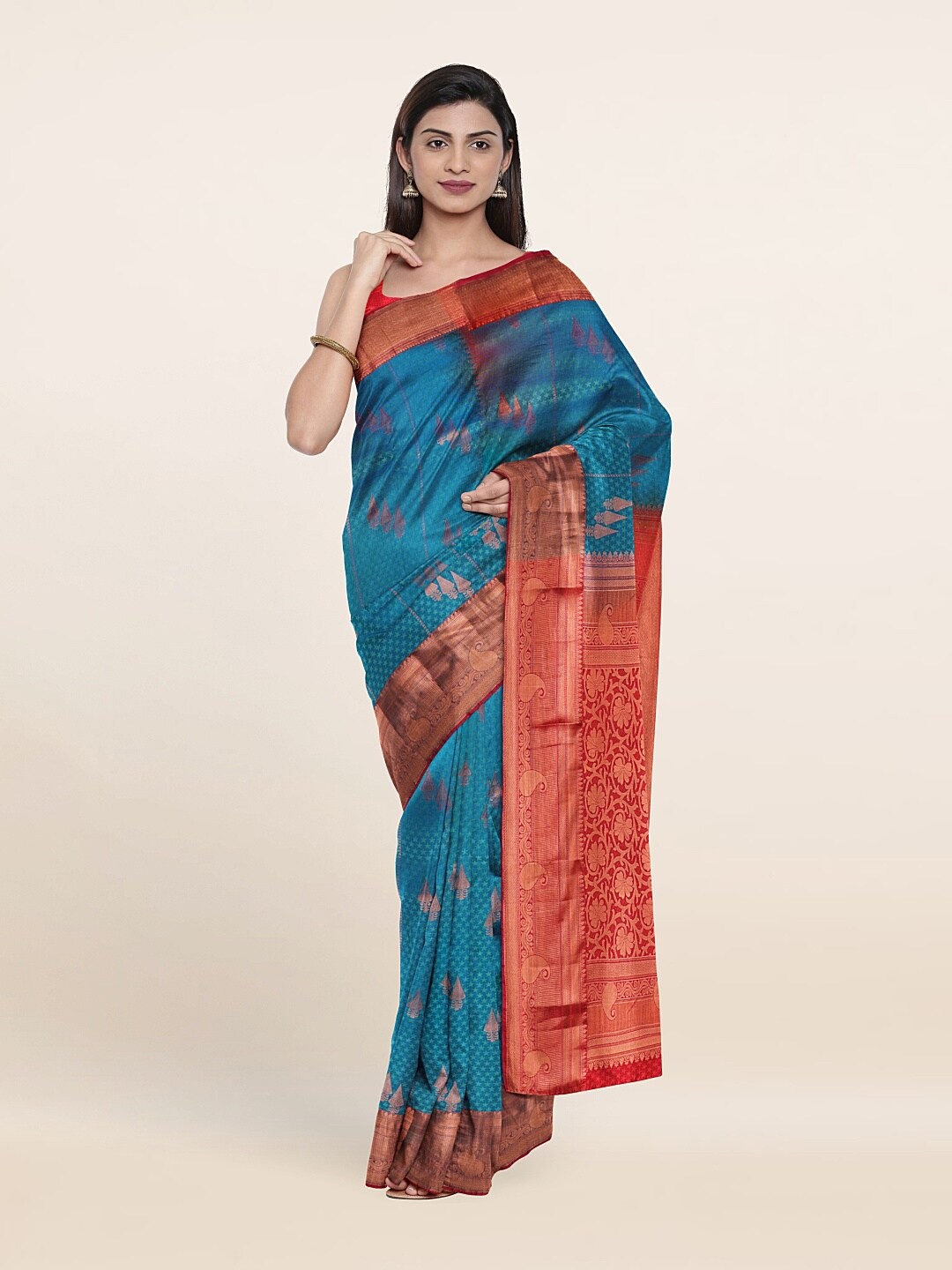 

Pothys Blue & Red Woven Design Zari Pure Silk Saree