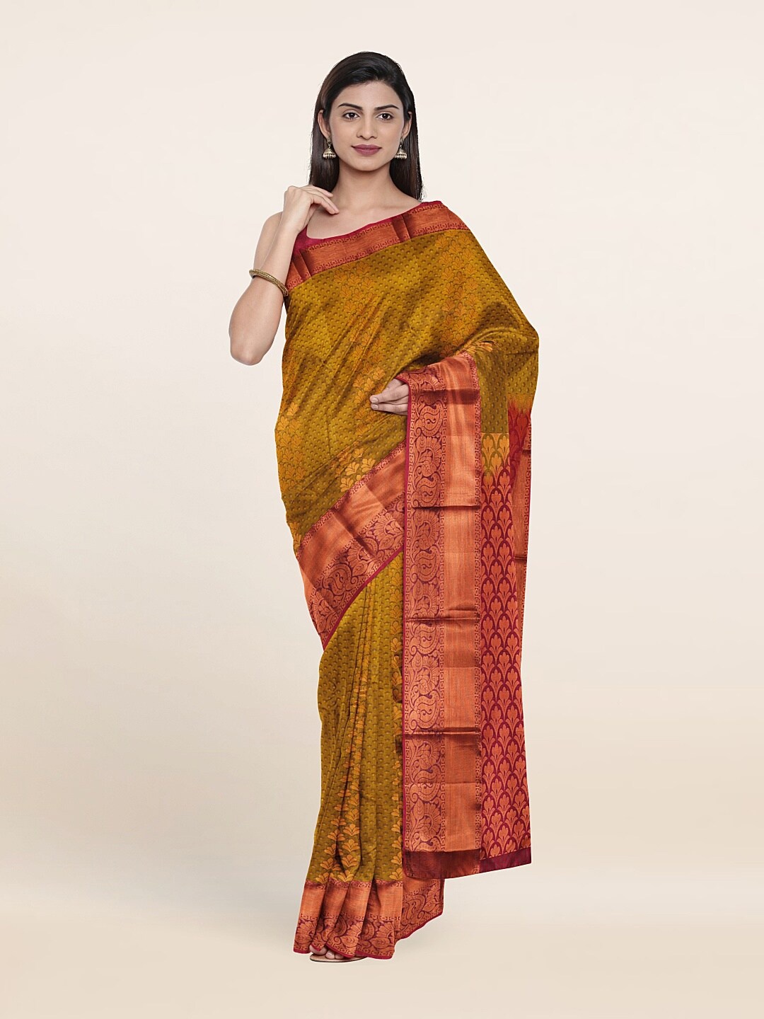 

Pothys Mustard & Red Woven Design Zari Pure Silk Saree