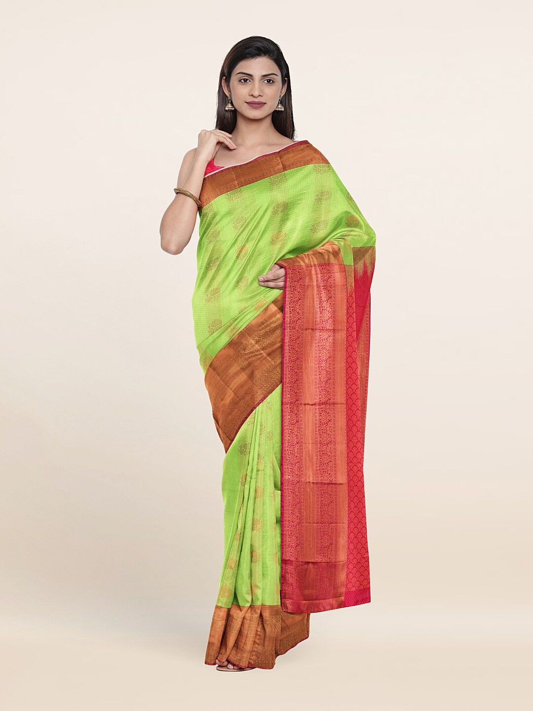 

Pothys Green & Pink Ethnic Motifs Zari Pure Silk Saree