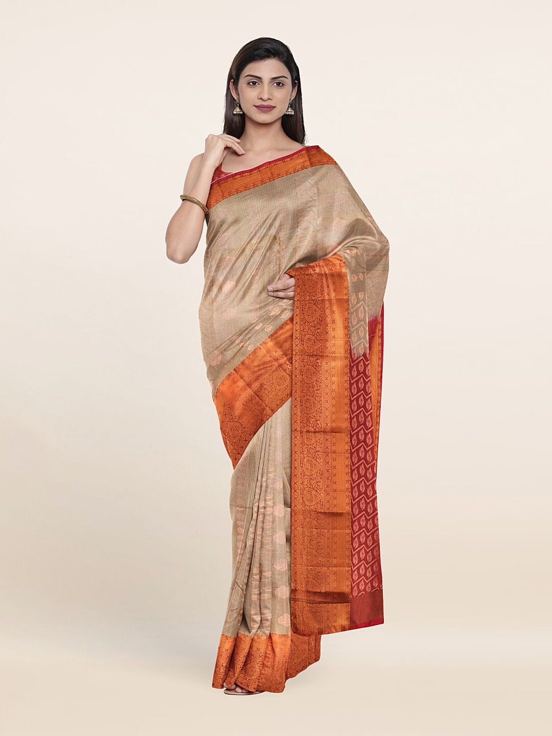 

Pothys Tan & Red Woven Design Zari Pure Silk Saree