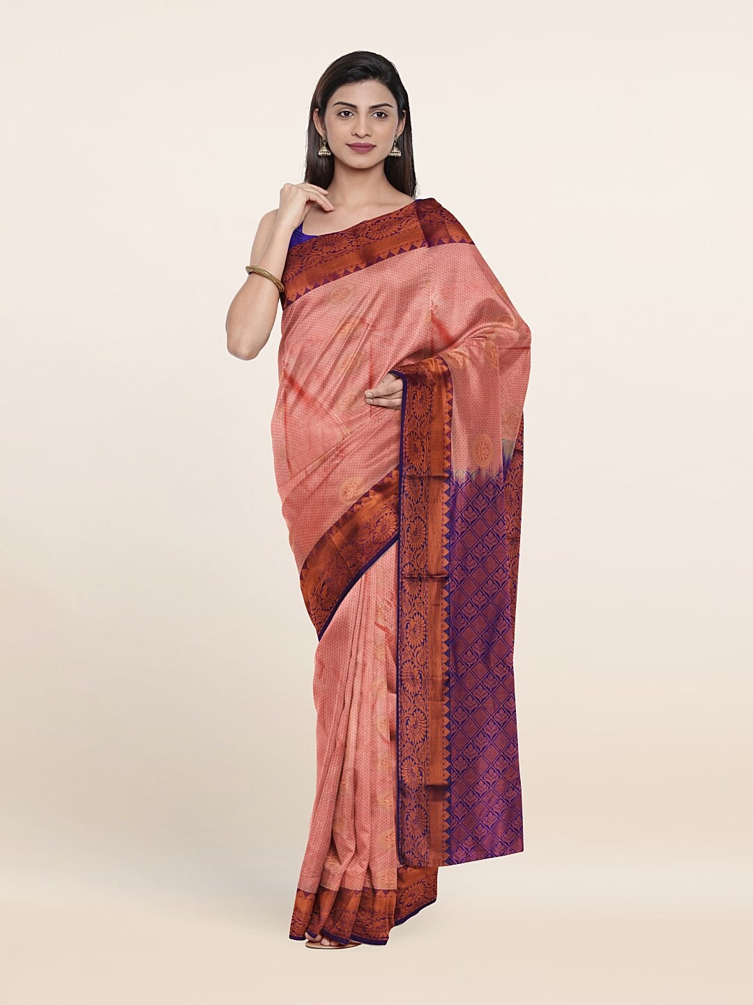 

Pothys Peach-Coloured & Purple Woven Design Zari Pure Silk Saree