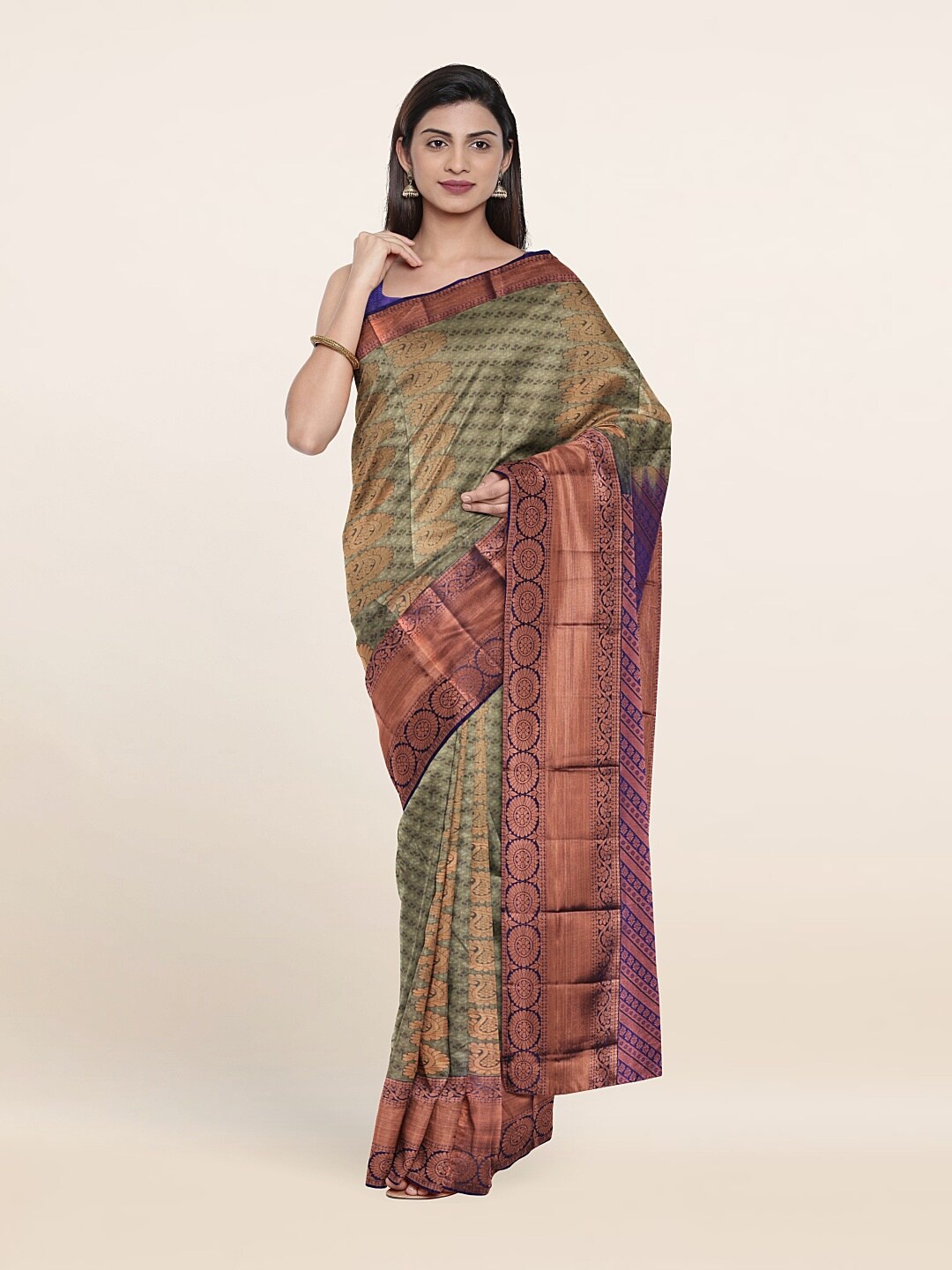 

Pothys Grey & Blue Woven Design Zari Pure Silk Saree, Green