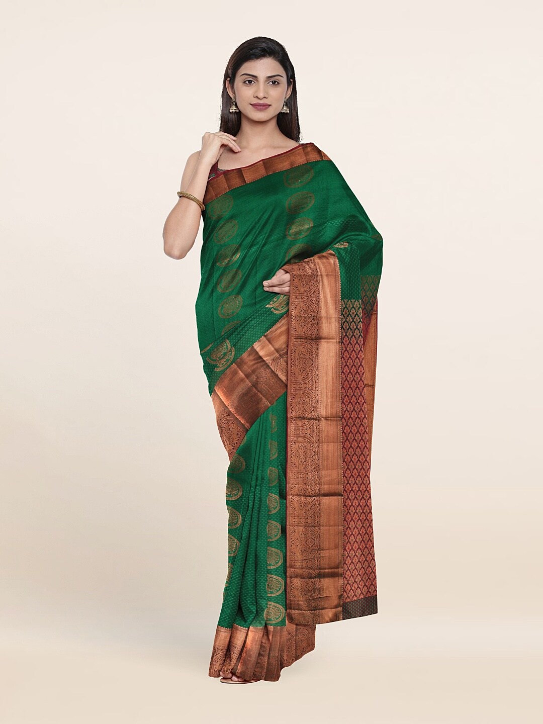 

Pothys Green & Copper-Toned Ethnic Motifs Zari Pure Silk Saree