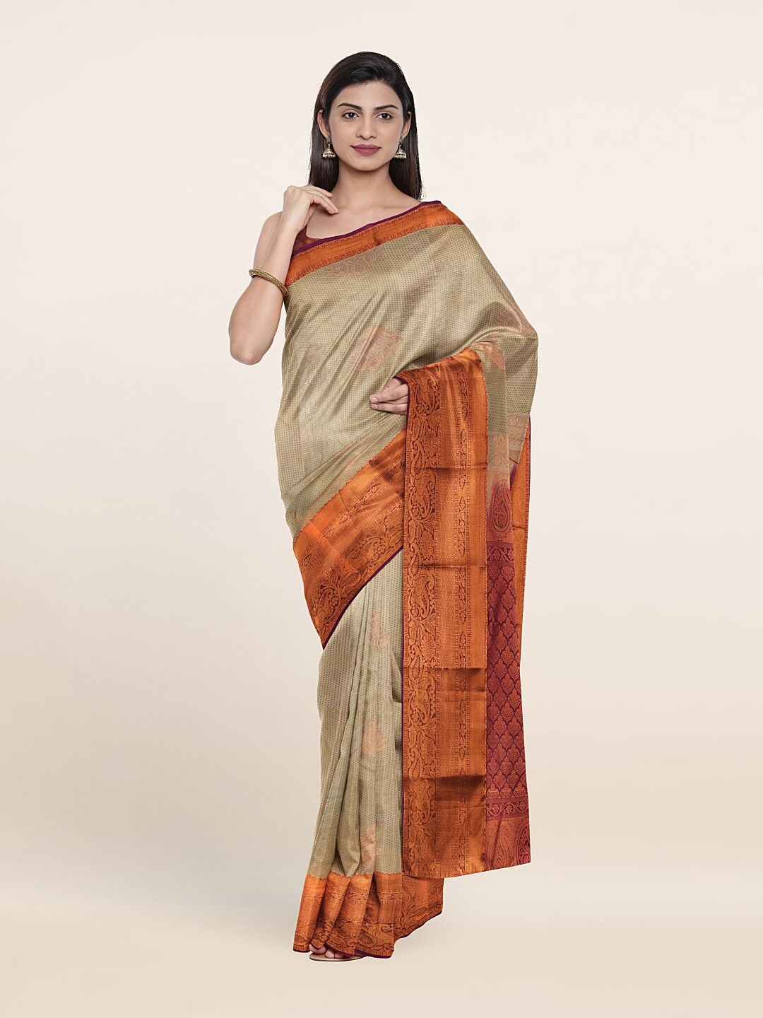 

Pothys Cream-Coloured & Copper-Toned Woven Design Zari Pure Silk Saree