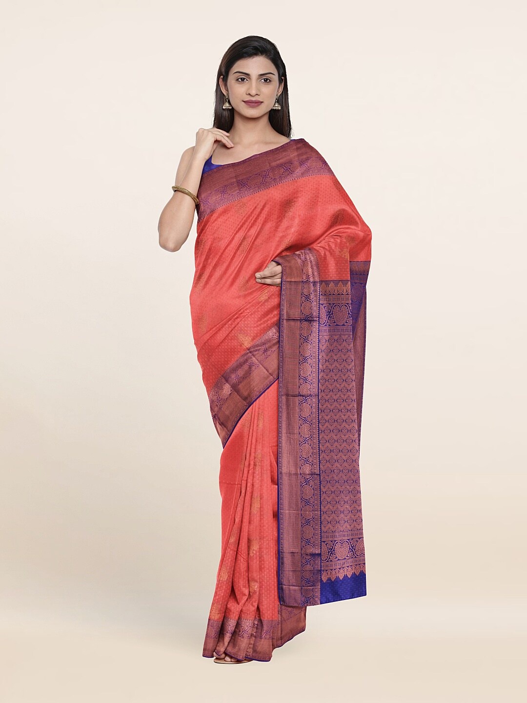 

Pothys Peach-Coloured & Blue Woven Design Zari Pure Silk Saree