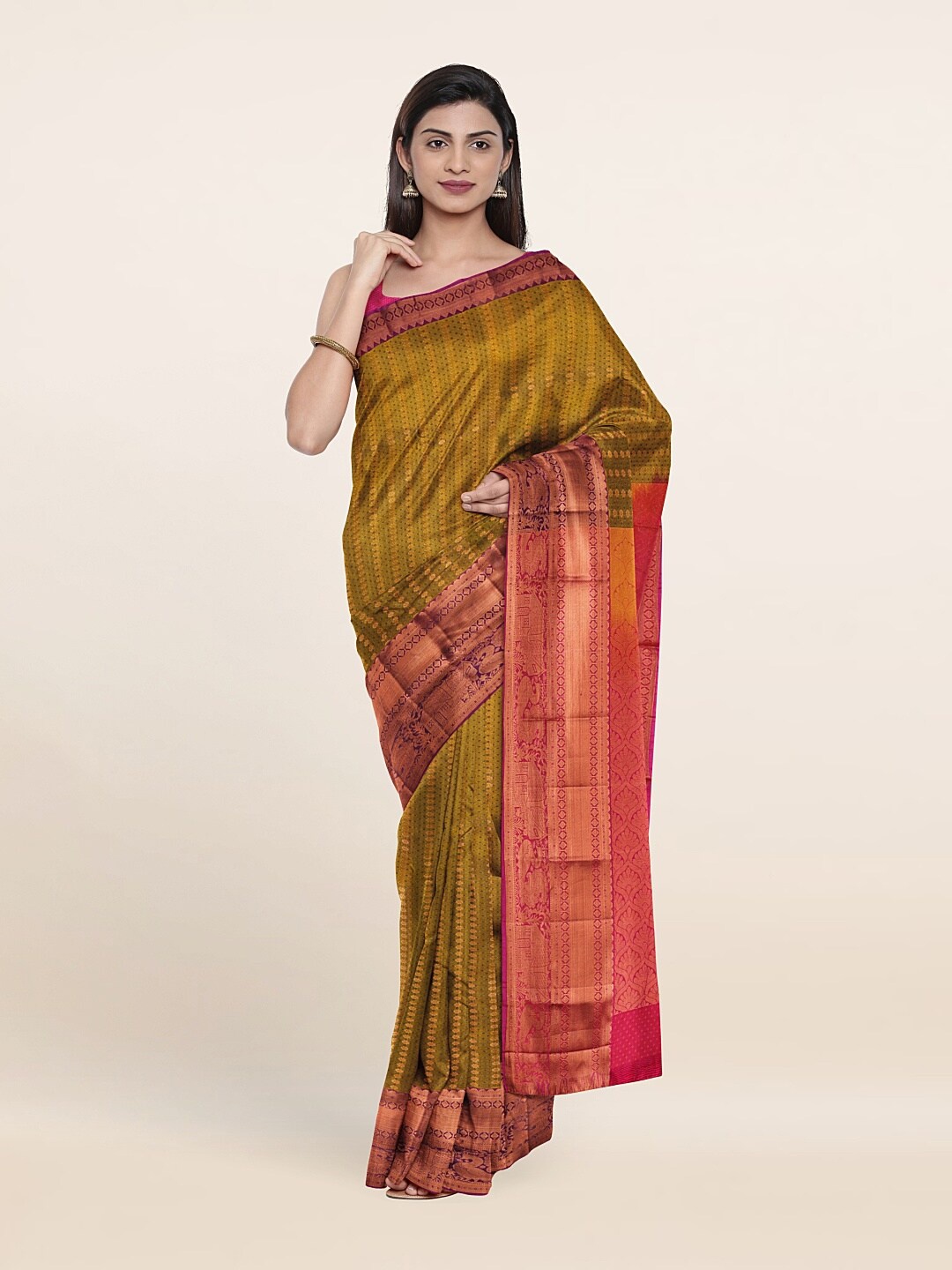 

Pothys Mustard & Pink Ethnic Motifs Zari Pure Silk Saree