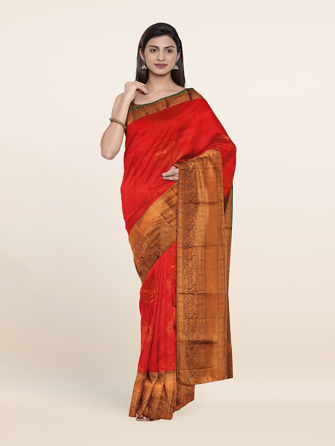 

Pothys Red & Copper-Toned Ethnic Motifs Zari Pure Silk Saree