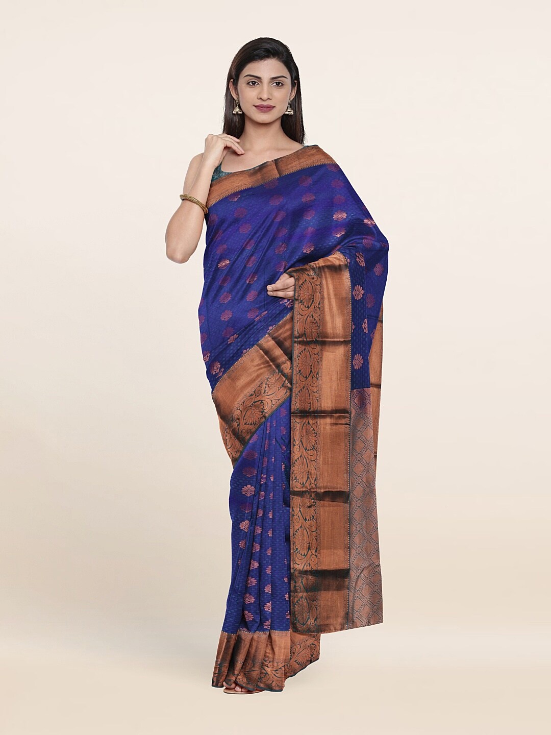 

Pothys Blue & Copper-Toned Woven Design Zari Pure Silk Saree