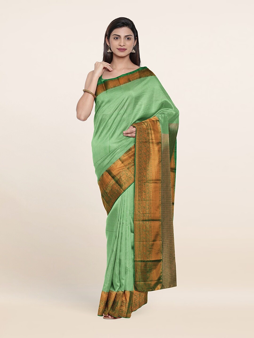 

Pothys Green & Copper-Toned Woven Design Zari Pure Silk Saree