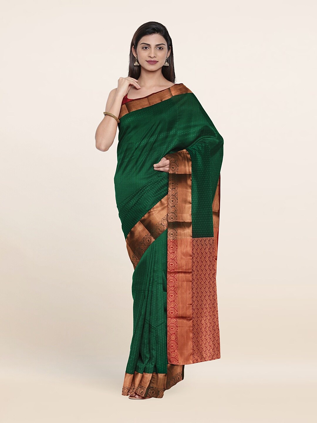 

Pothys Green & Copper-Toned Woven Design Zari Pure Silk Saree