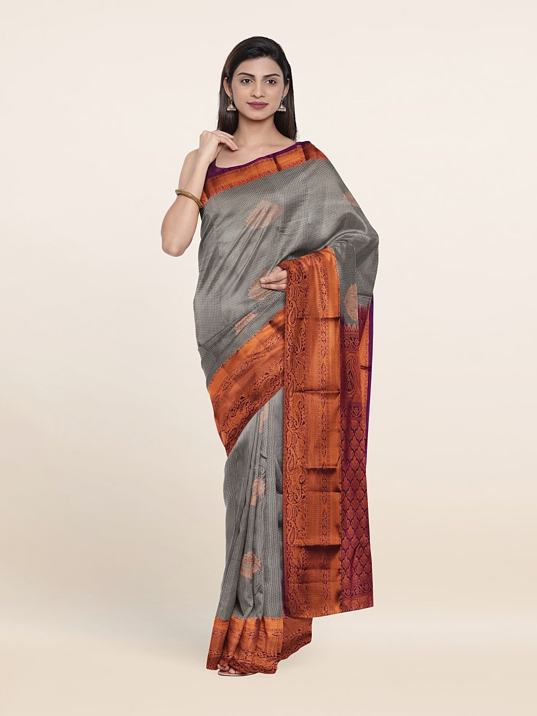 

Pothys Grey & Copper-Toned Woven Design Zari Pure Silk Saree