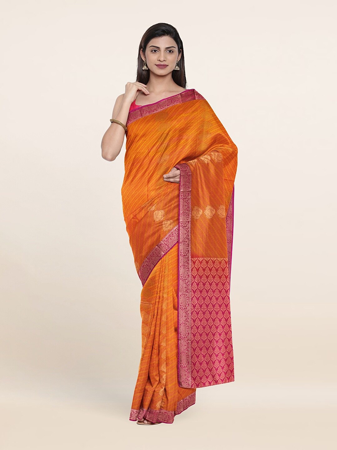 

Pothys Orange & Pink Woven Design Zari Pure Silk Saree