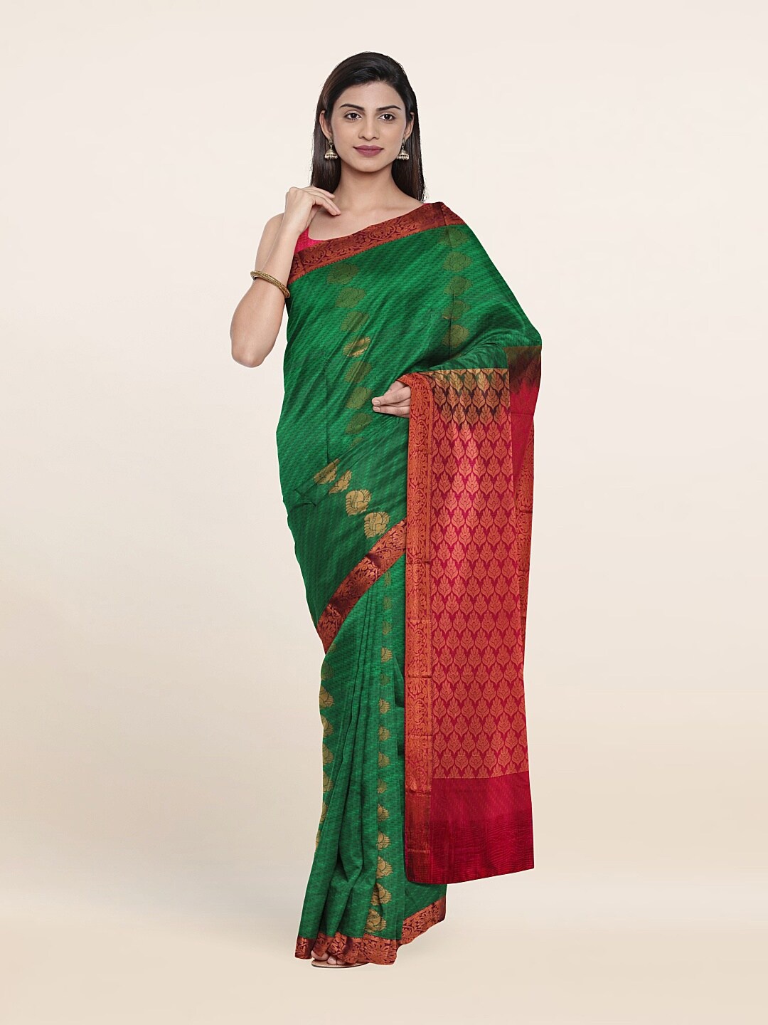 

Pothys Green & Red Ethnic Motifs Zari Pure Silk Saree