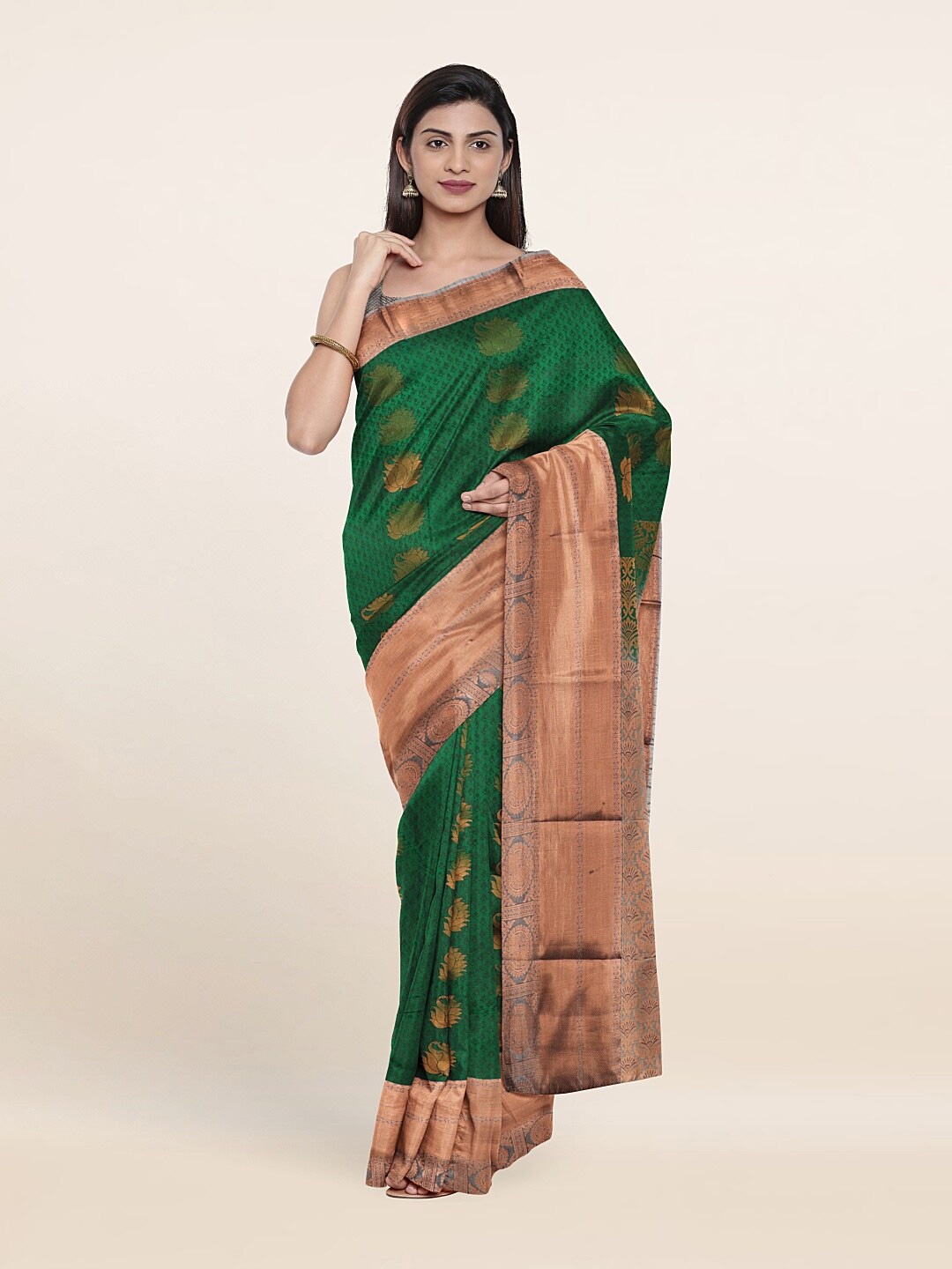 

Pothys Green & Copper-Toned Woven Design Zari Pure Silk Saree