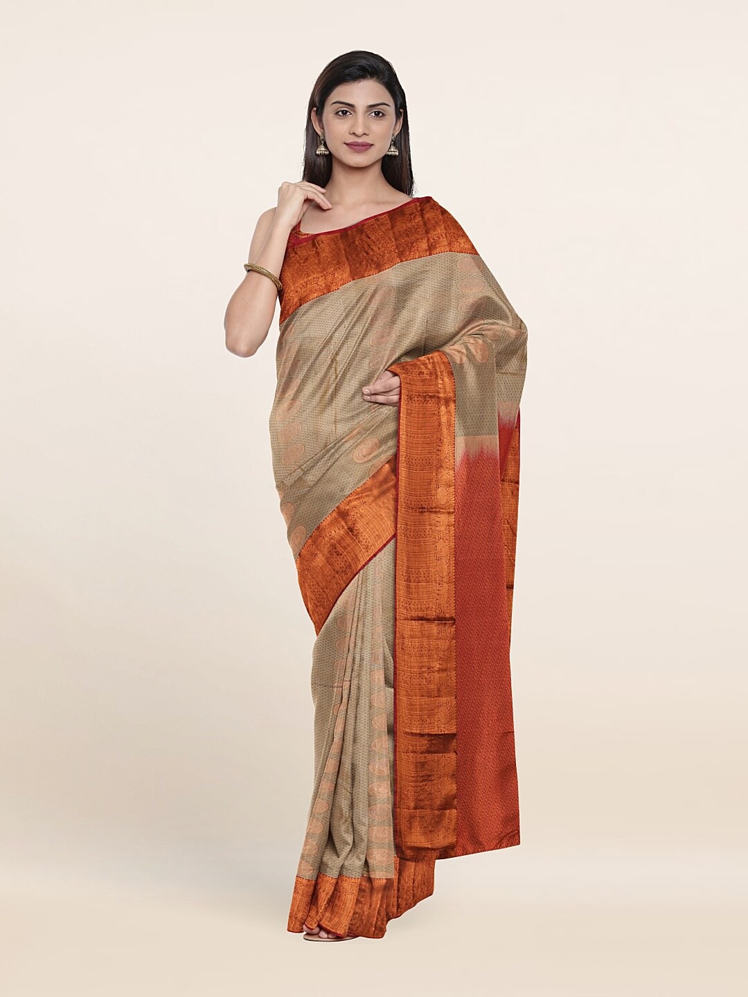 

Pothys Cream-Coloured & Orange Woven Design Zari Pure Silk Saree
