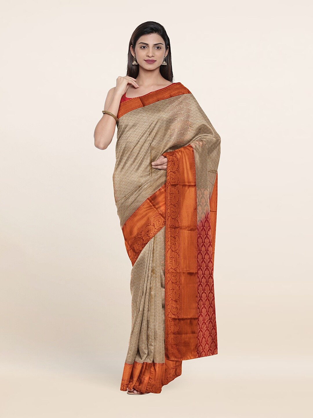 

Pothys Cream-Coloured & Red Woven Design Zari Pure Silk Saree