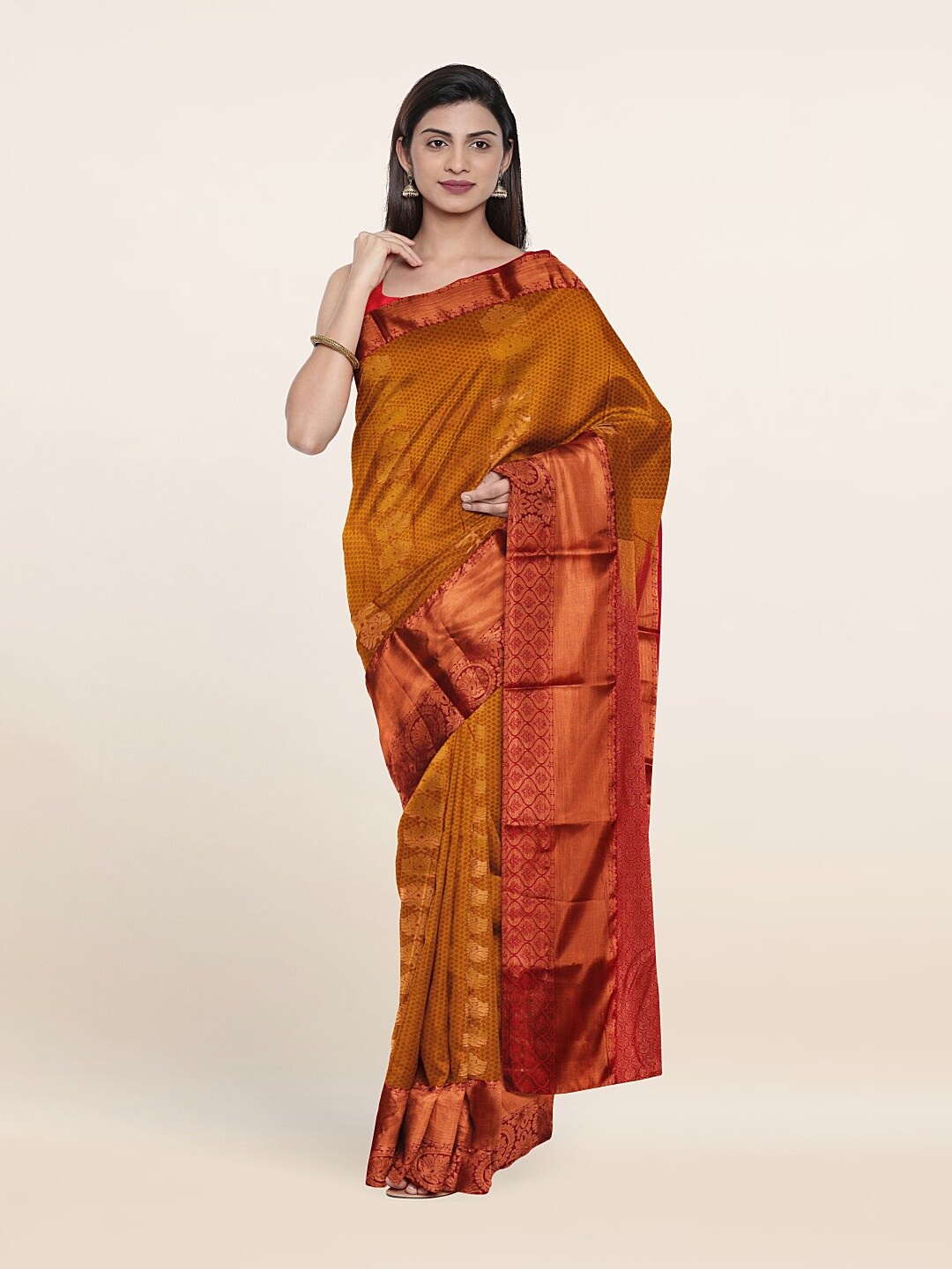 

Pothys Mustard & Pink Woven Design Zari Pure Silk Saree