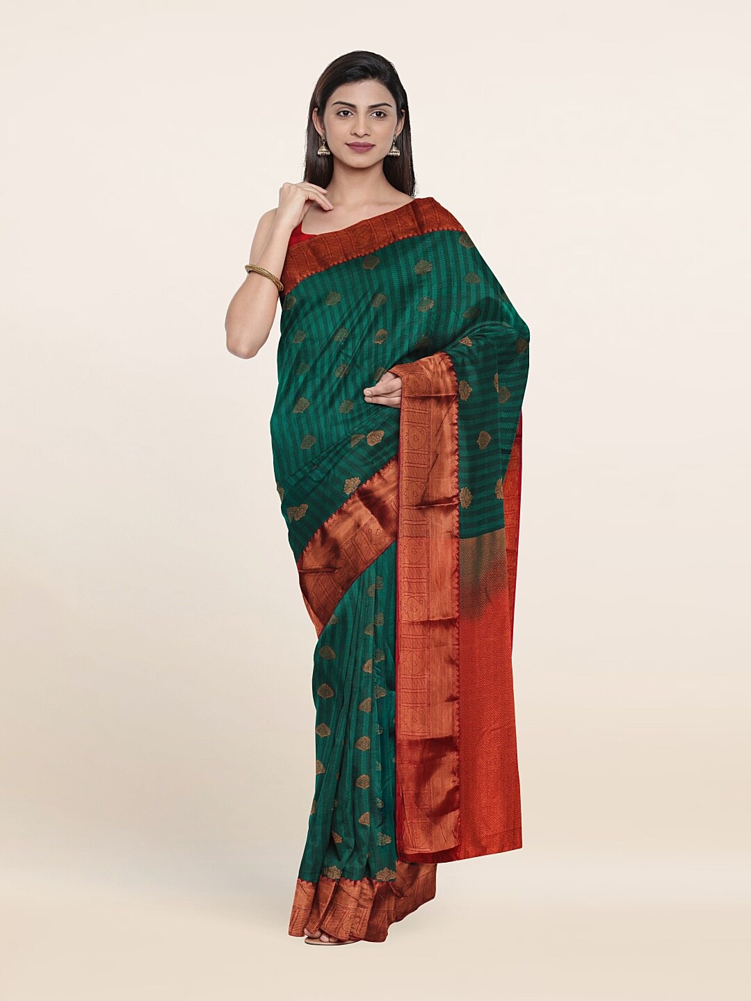 

Pothys Green & Red Ethnic Motifs Zari Pure Silk Saree