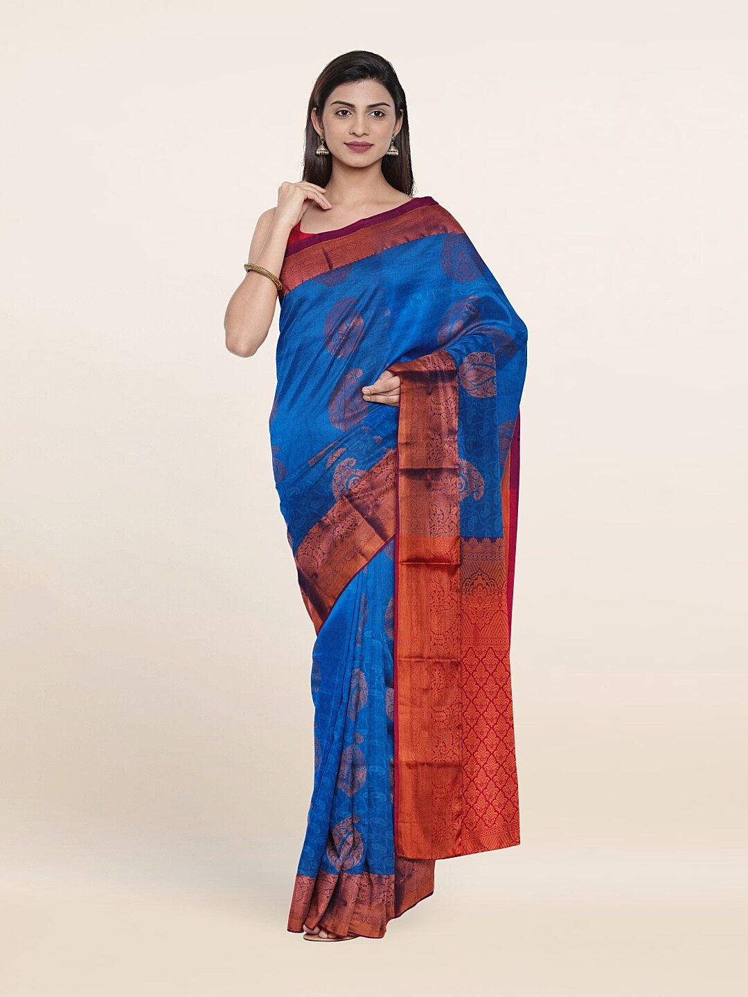 

Pothys Blue & Red Ethnic Motifs Zari Pure Silk Saree