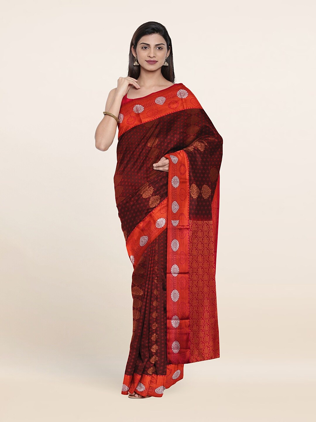

Pothys Maroon & Red Ethnic Motifs Zari Pure Silk Saree