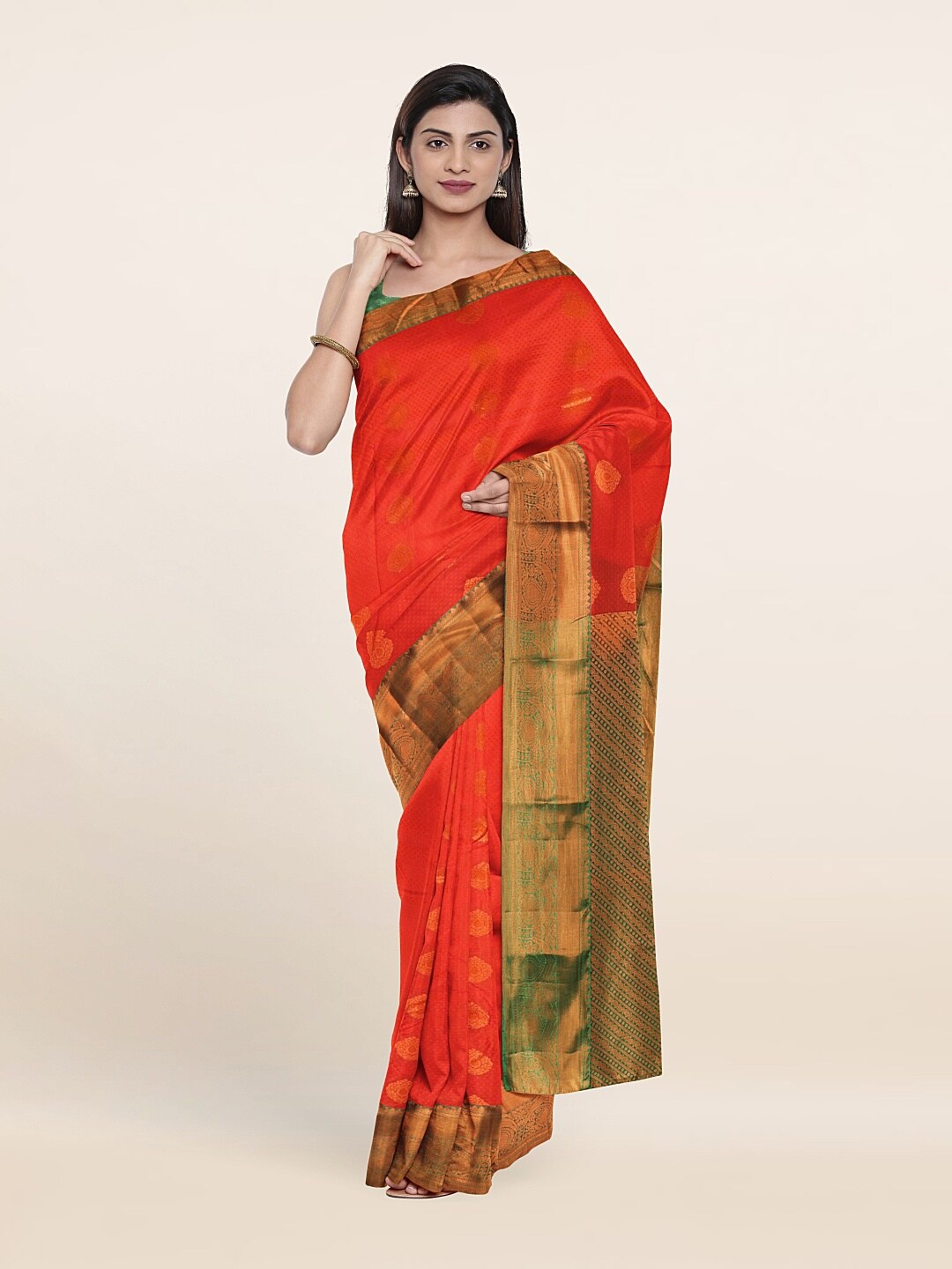 

Pothys Orange & Green Woven Design Zari Pure Silk Saree