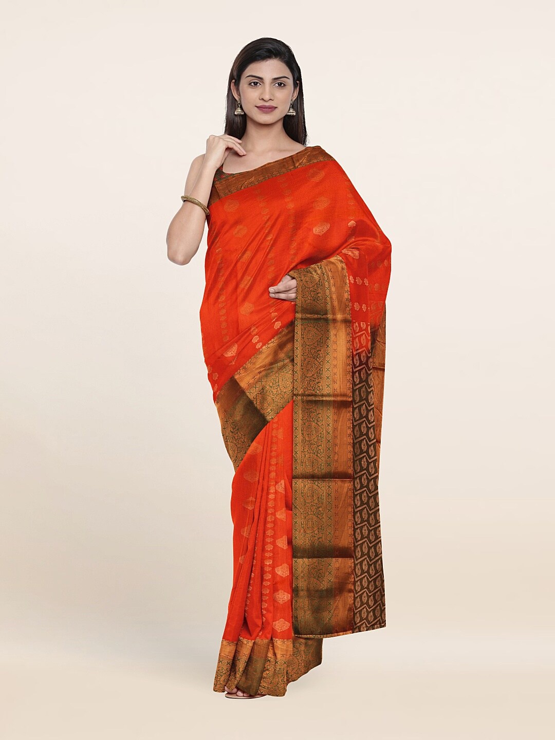 

Pothys Orange & Olive Green Ethnic Motifs Zari Pure Silk Saree