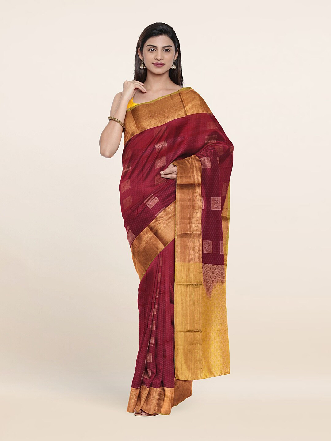 

Pothys Maroon & Yellow Ethnic Motifs Zari Pure Silk Saree