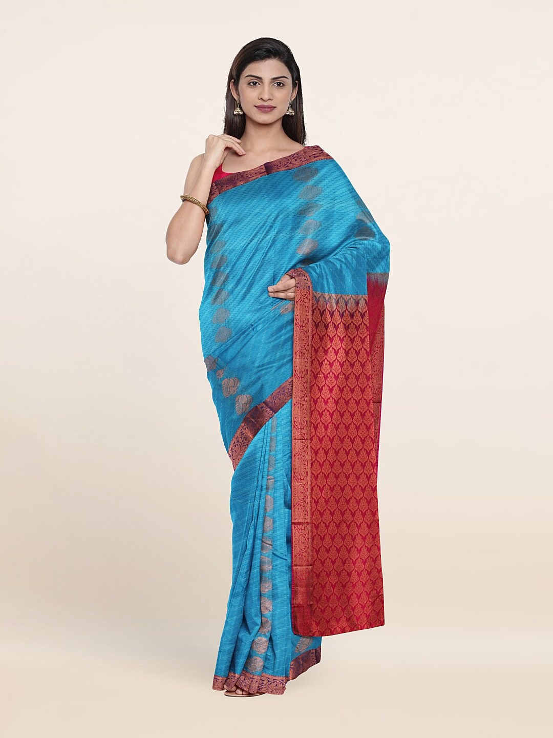 

Pothys Blue & Red Woven Design Zari Pure Silk Saree