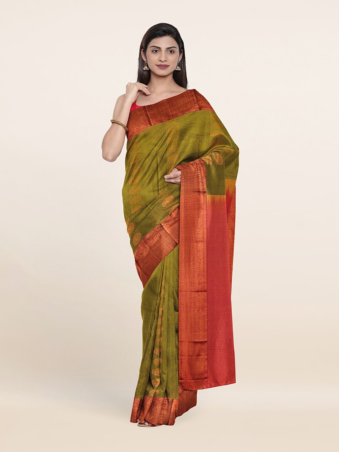 

Pothys Green & Red Ethnic Motifs Zari Pure Silk Saree