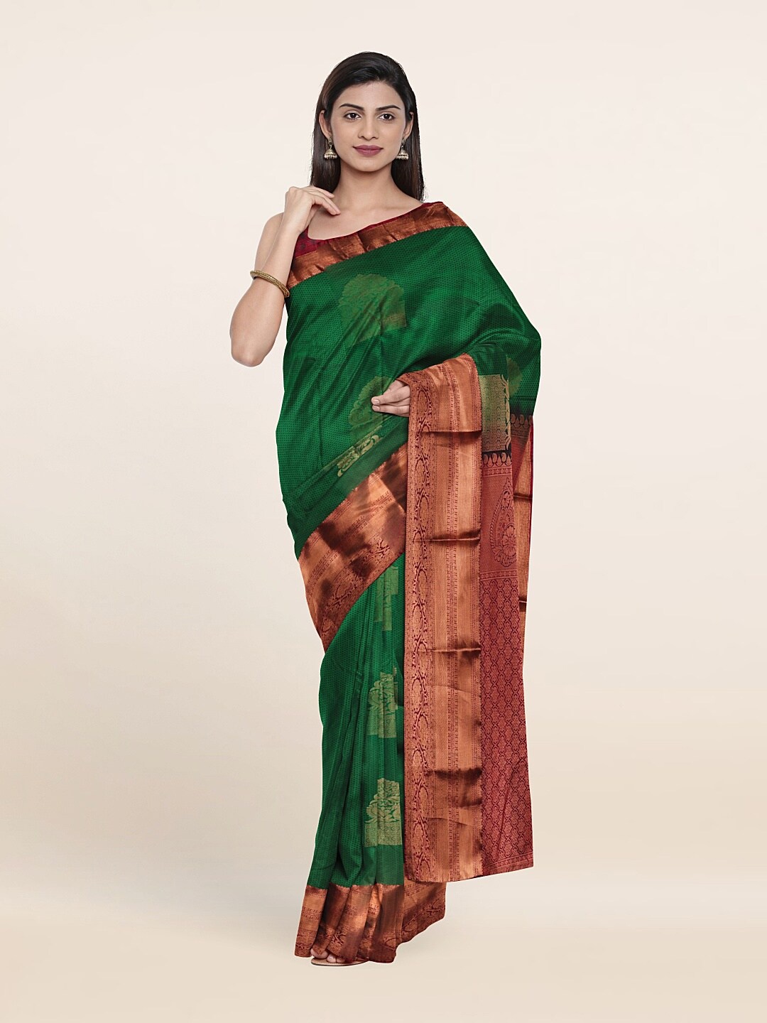 

Pothys Green & Maroon Ethnic Motifs Zari Pure Silk Saree