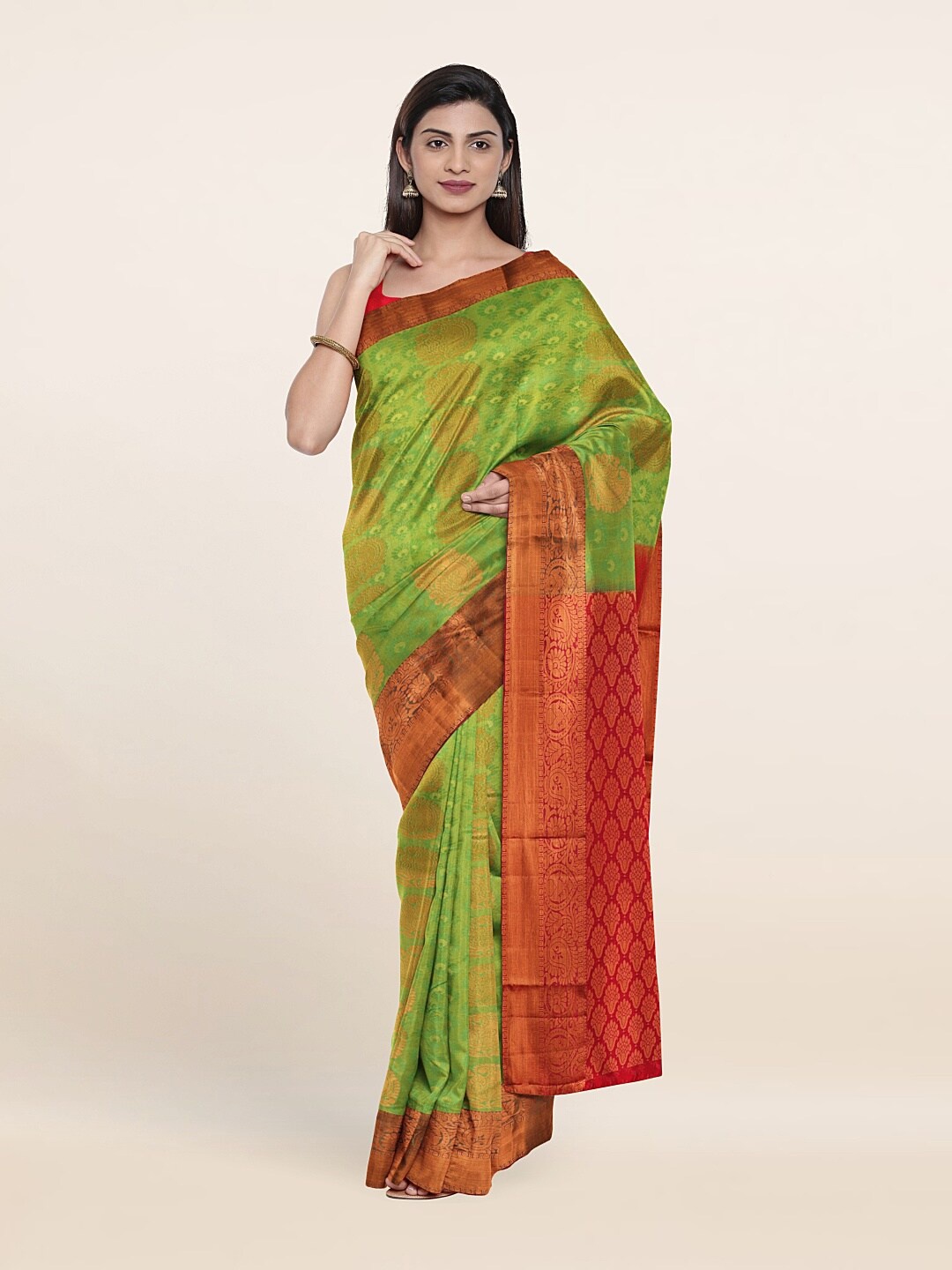 

Pothys Green & Red Ethnic Motifs Zari Pure Silk Saree