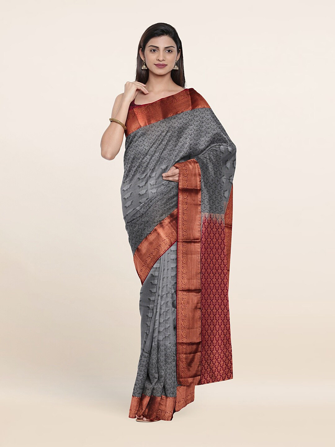 

Pothys Grey & Maroon Ethnic Motifs Zari Pure Silk Saree