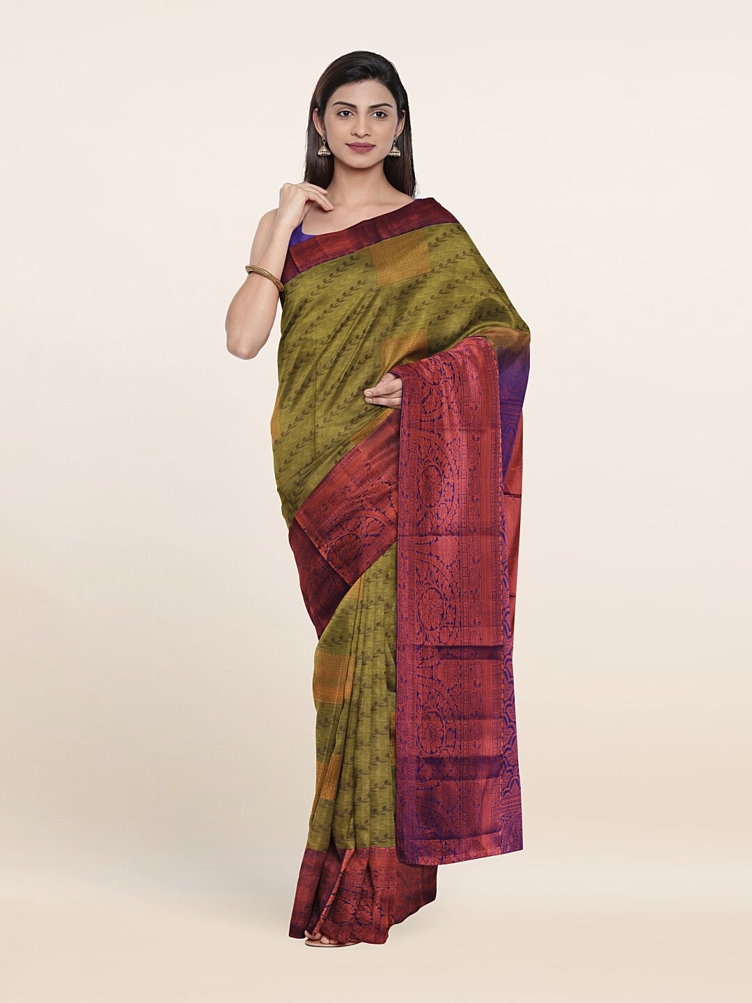 

Pothys Olive Green & Blue Woven Design Zari Pure Silk Saree