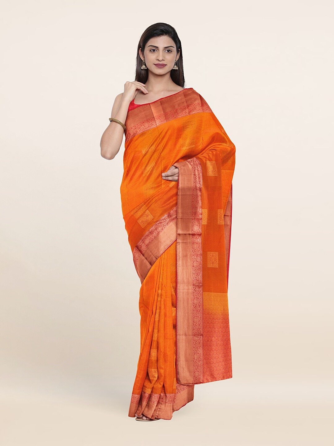 

Pothys Orange & Red Ethnic Motifs Zari Pure Silk Saree