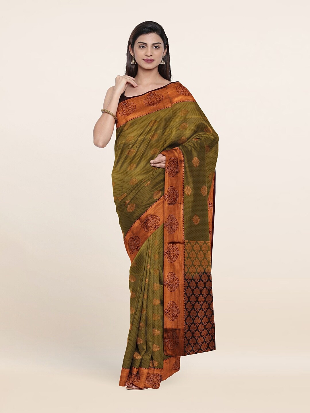 

Pothys Olive Green & Copper-Toned Woven Design Zari Pure Silk Saree