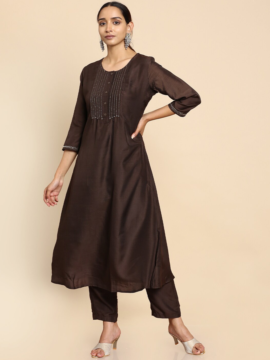 

Soch Women Coffee Brown Embroidered Pleated Thread Work Pure Cotton Kurta with Trousers