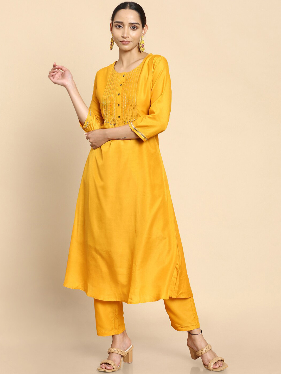 

Soch Women Mustard Yellow Thread Work Pure Cotton Kurta with Trousers