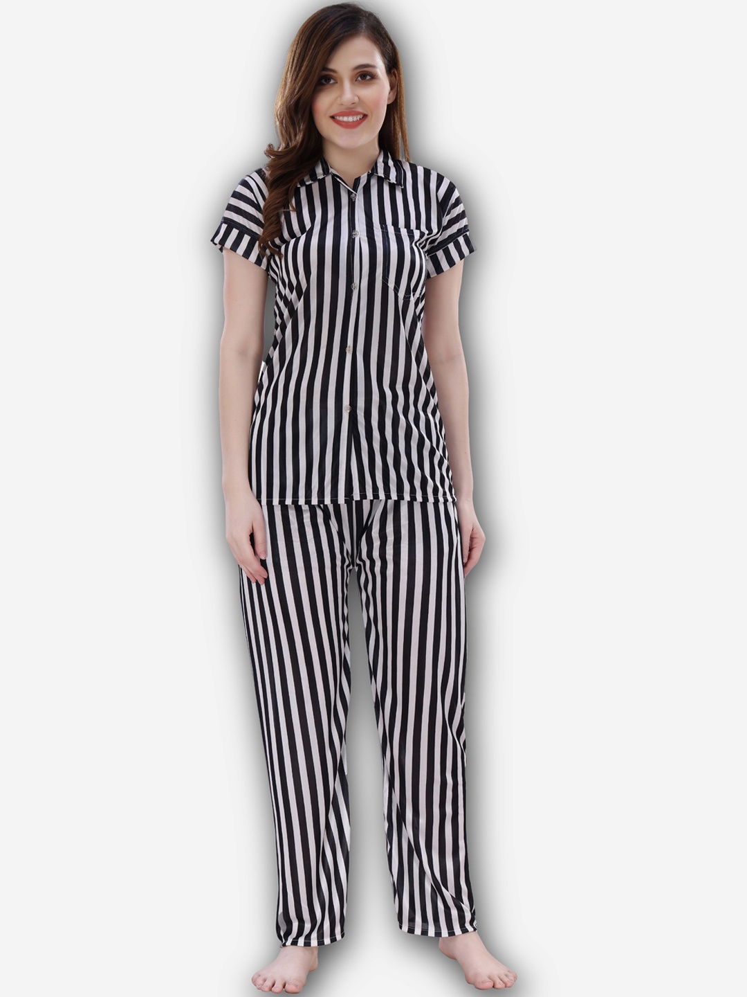 

Romaisa Women Black & White Striped Night suit