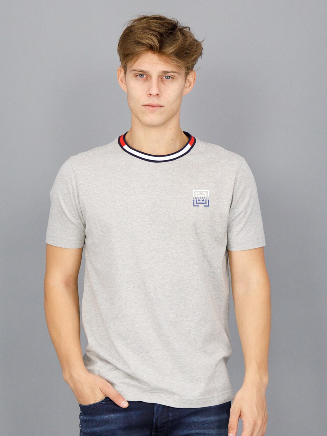 

FREESOUL Men Grey Pure Cotton T-shirt