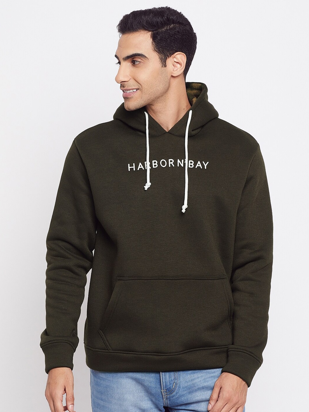 

HARBOR N BAY Men Olive Green Solid Fleece Regular Hooded Sweatshirt