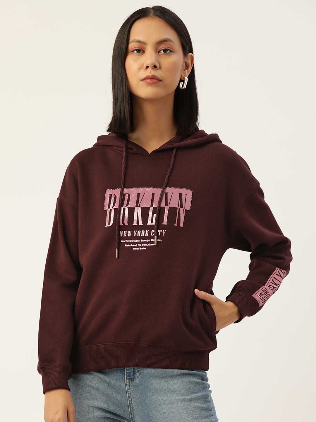 

Madame Women Burgundy Printed Hooded Sweatshirt