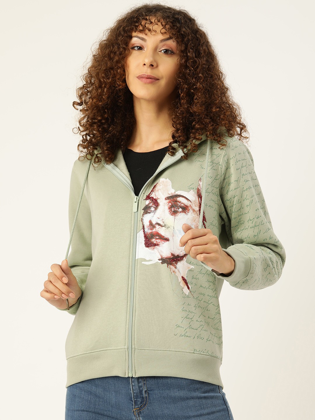 

Madame Women Graphic Printed Hooded Faux Fur Trim Sweatshirt, Green