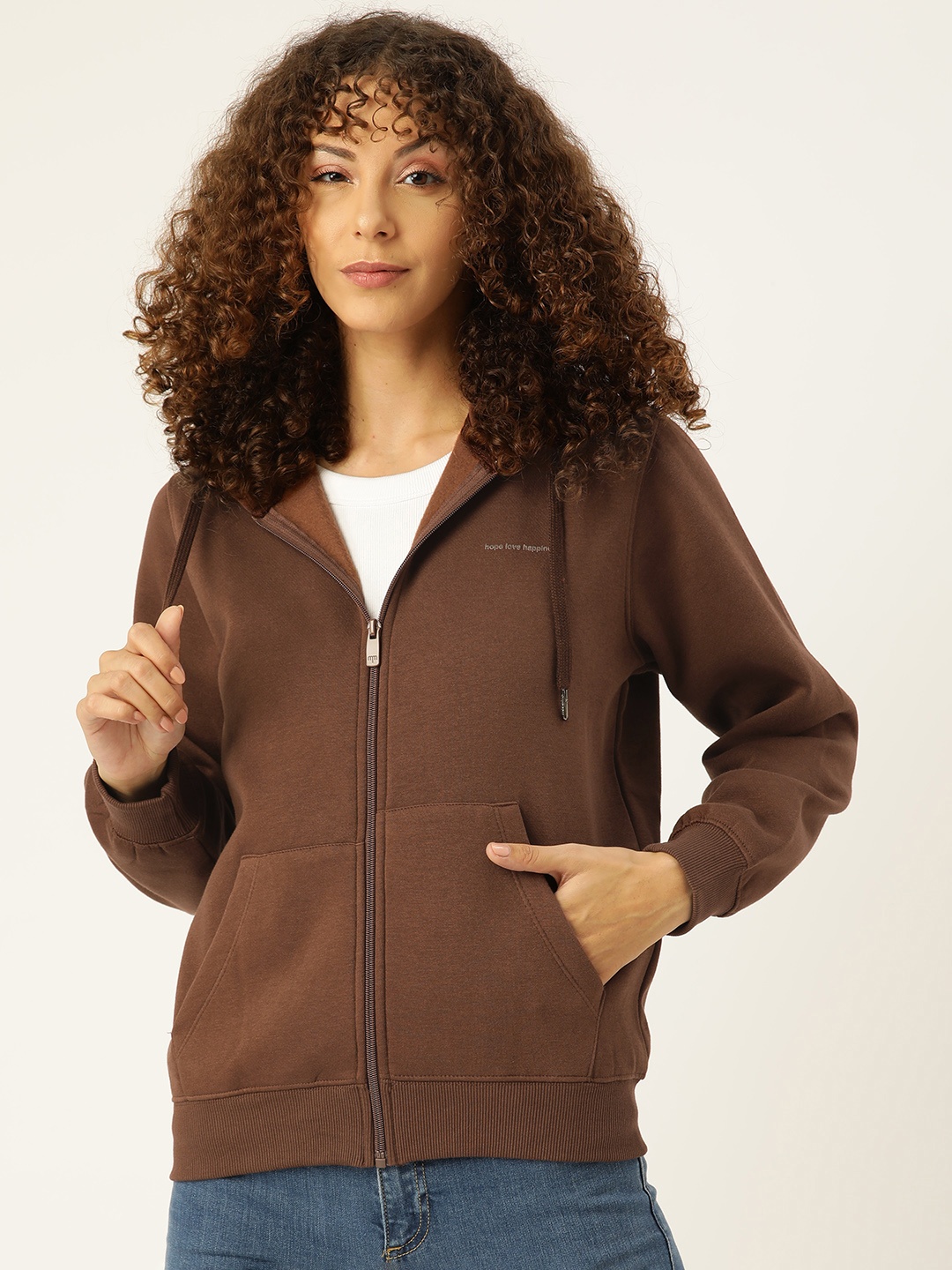 

Madame Women Solid Hooded Front-Open Sweatshirt, Brown